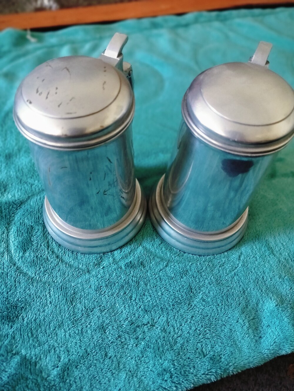 Mid Century Pewter Style Lidded Mug Steins Made In Hong Kong 1969 Trophy Pair
